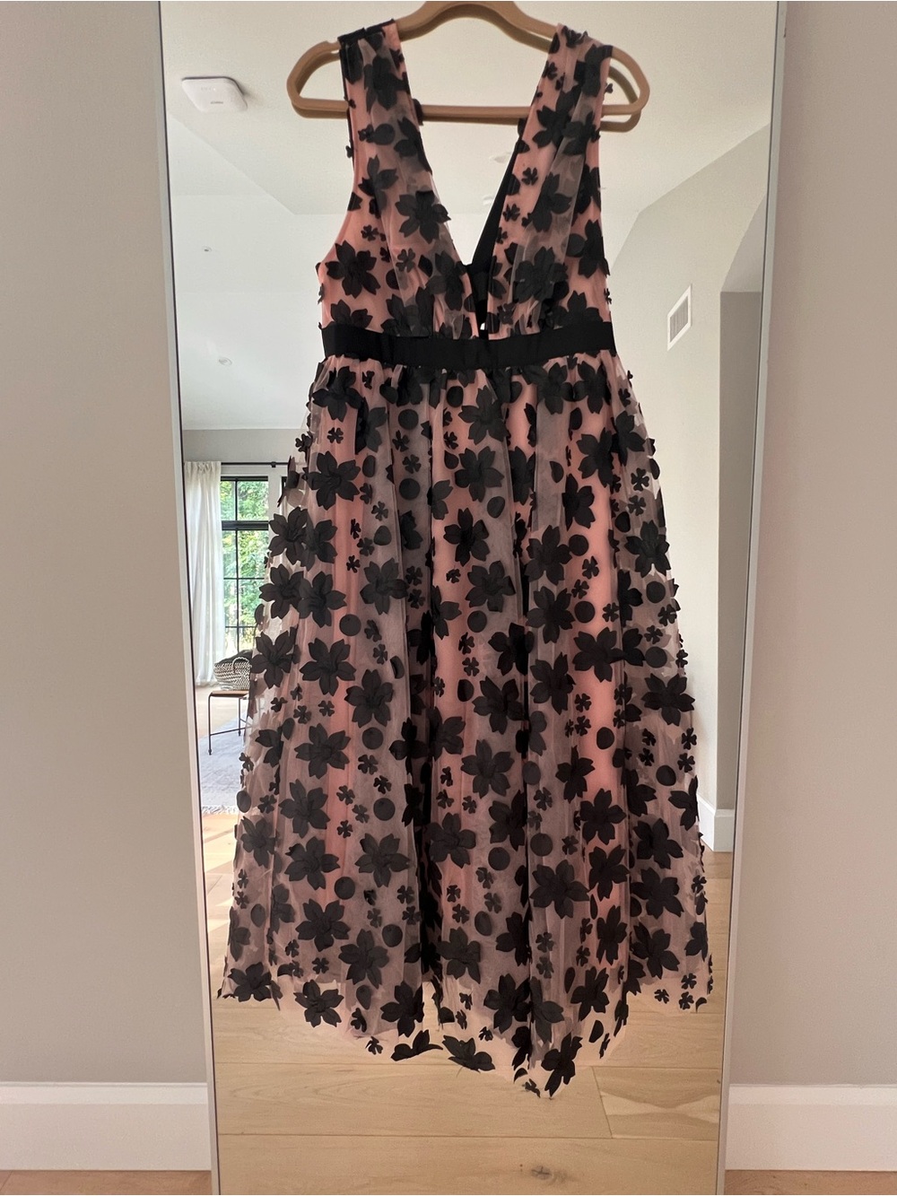 Anthropologie Blush Pink Midi Dress with Black Floral Appliqué - Picture 6 of 15